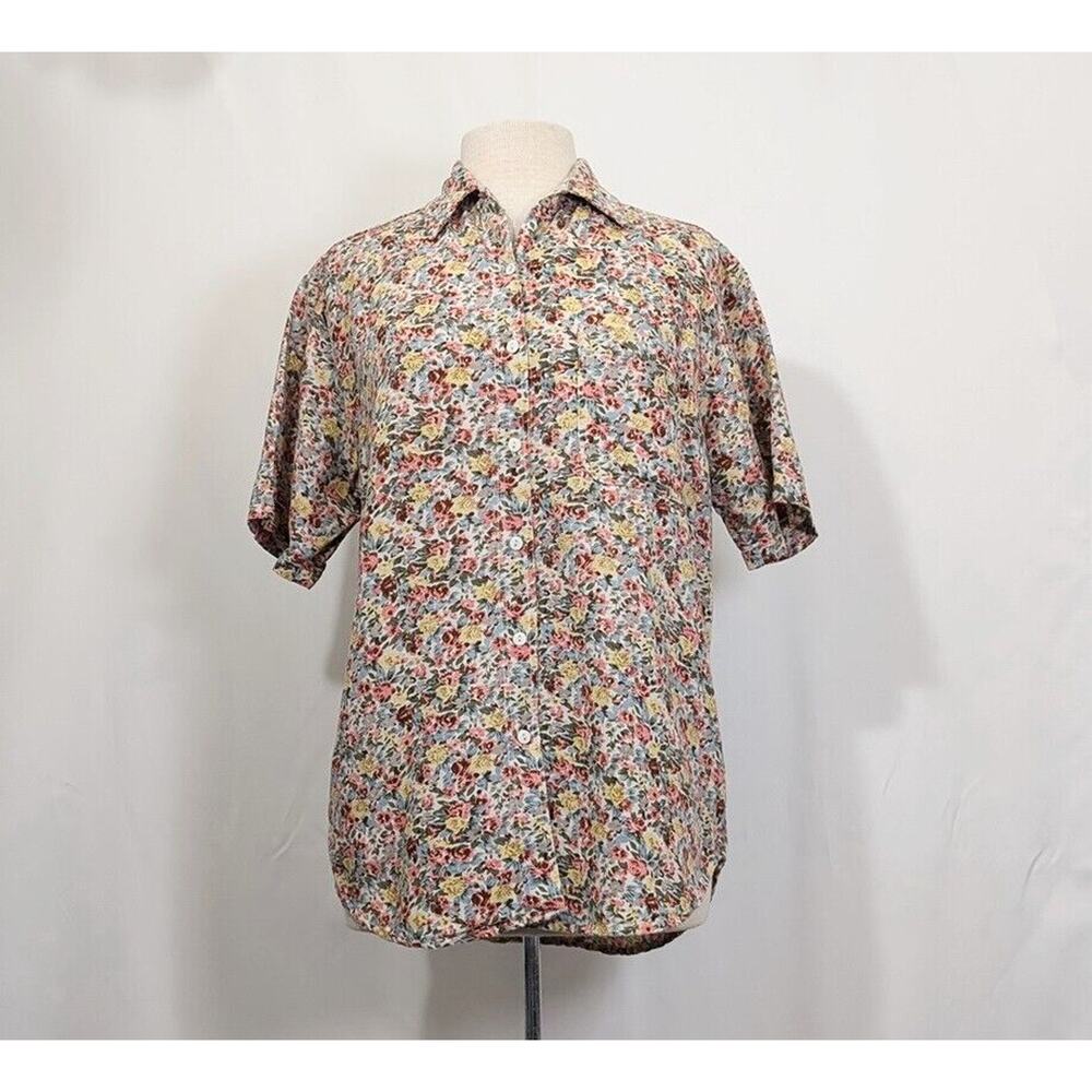 Vintage 90s Blouse Colorful Floral Print Shirt Top Short Sleeve Women's Size M